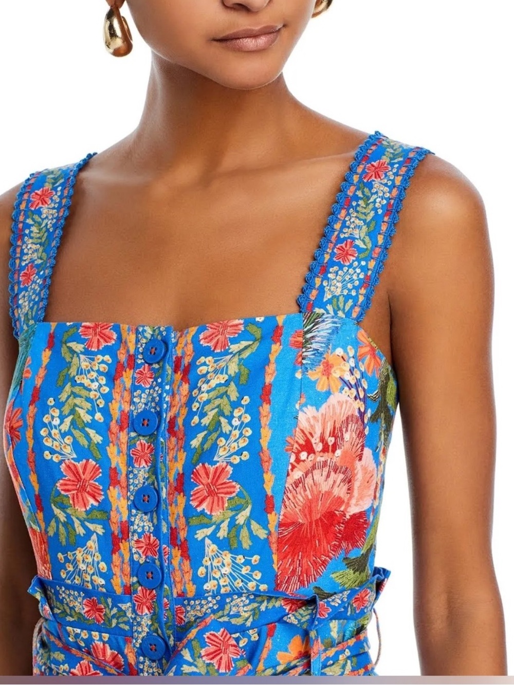 Farm Rio Blue Floral Button-Front Romper with Tie Waist - Picture 4 of 9